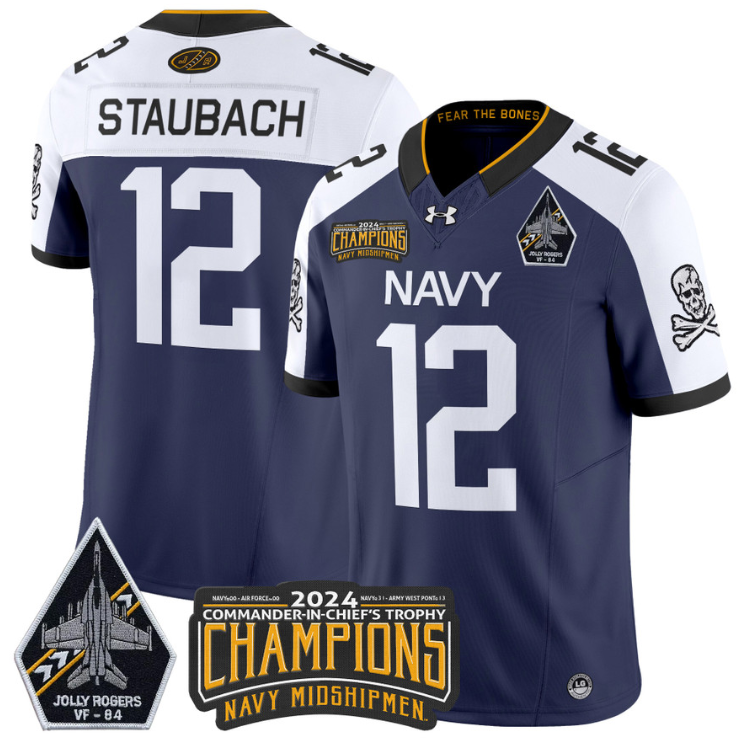 Roger Staubach Jersey #12 Navy Midshipmen 2024 Jolly Rogers Champions Navy White