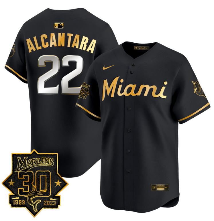 Sandy Alcantara Jersey #22 Miami Marlins 30 Seasons Anniversary Patch Limited Stitched Black Gold