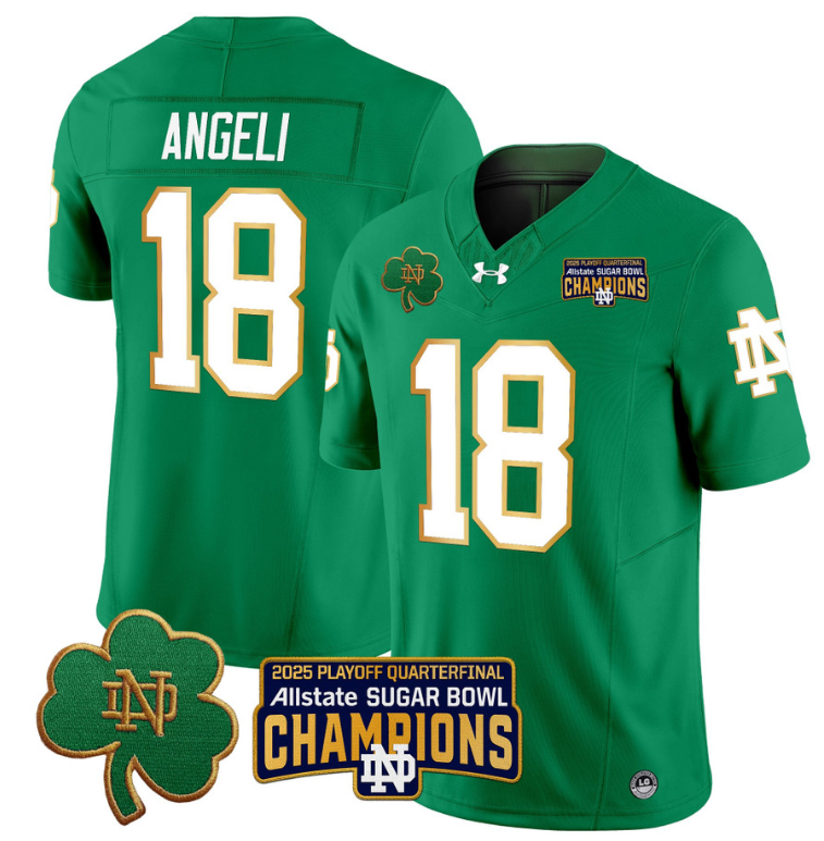 Steve Angeli Jersey #18 Notre Dame 2025 Sugar Bowl Champions Patch Green