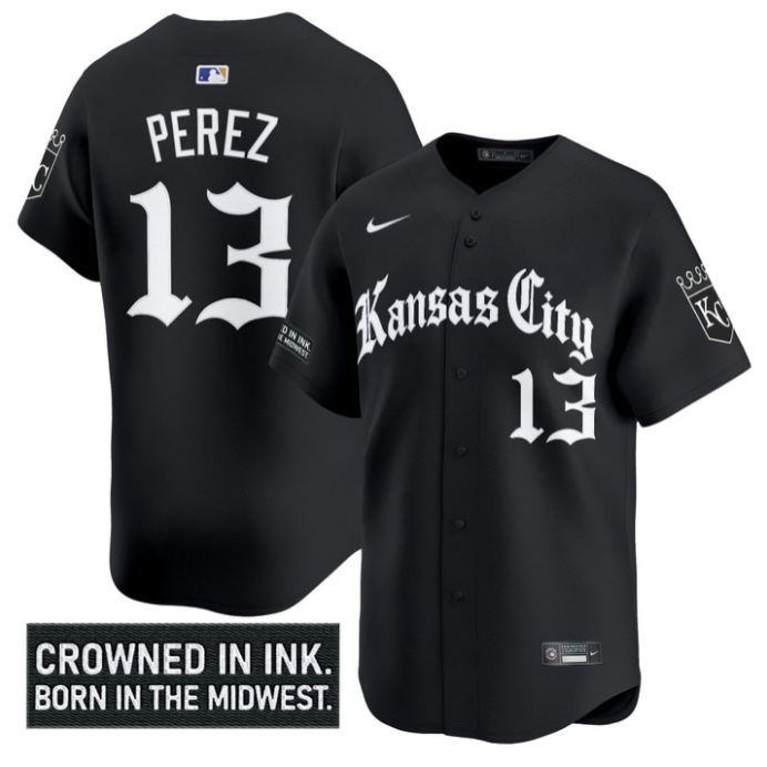 Salvador Perez Jersey #13 Kansas City Royals Gothic Crown Edition Vapor Stitched Black