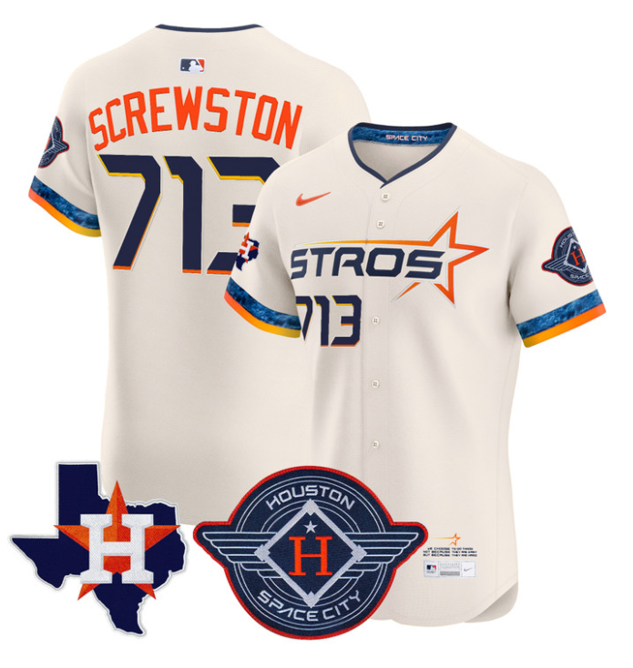 Screwston Jersey #713 Houston Astros 2025 City Connect Texas Patch Premier Elite Stitched Cream