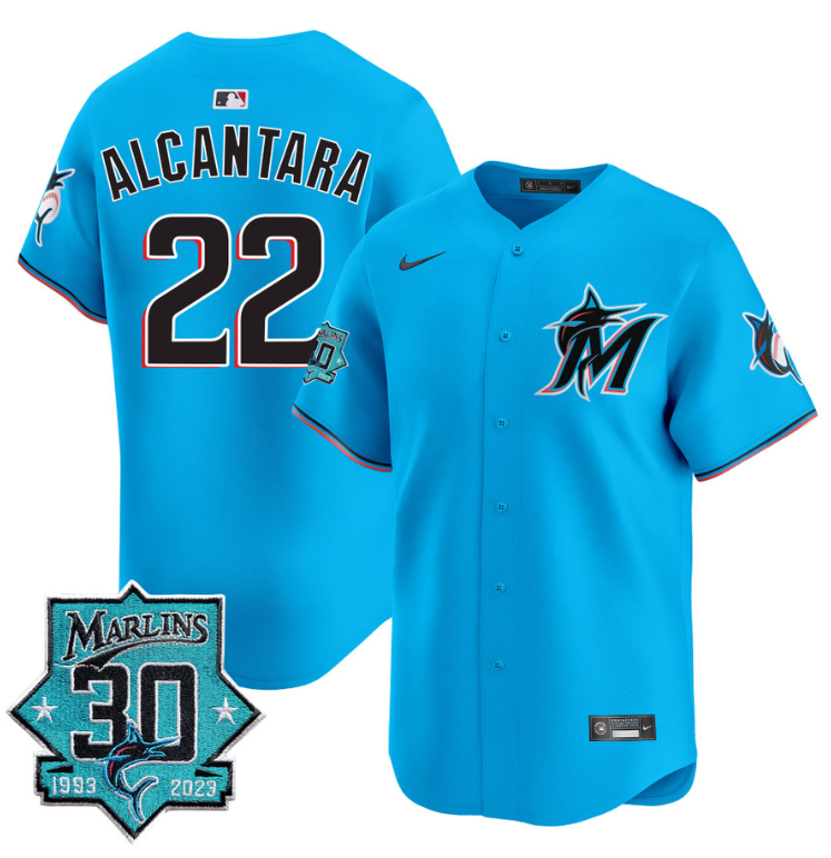 Sandy Alcantara Jersey #22 Miami Marlins 30 Seasons Anniversary Patch Limited Stitched Blue