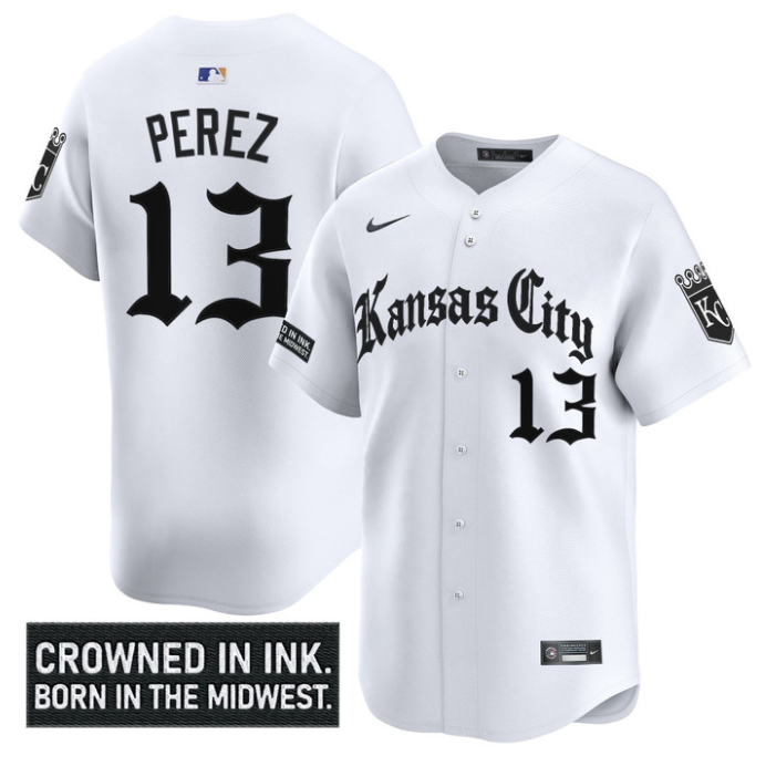 Salvador Perez Jersey #13 Kansas City Royals Gothic Crown Edition Vapor Stitched White