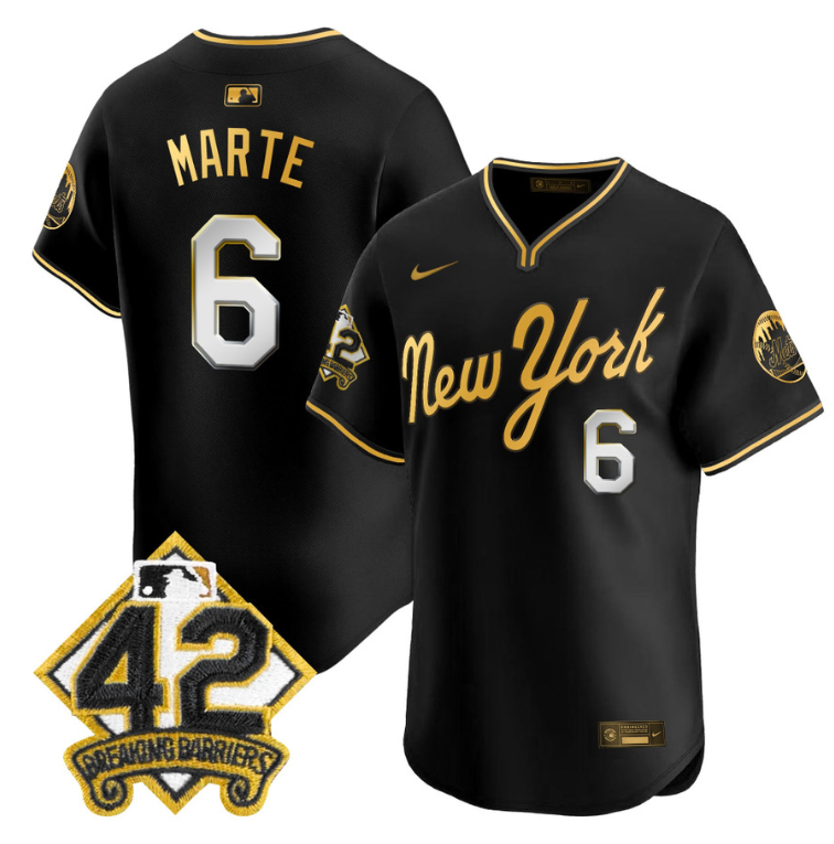 Starling Marte Jersey #6 New York Mets 2025 Jackie Robinson Patch Road Alternate Stitched Black Gold