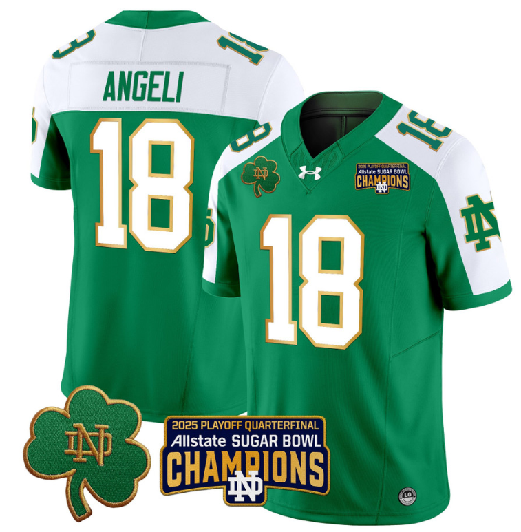 Steve Angeli Jersey #18 Notre Dame 2025 Sugar Bowl Champions Green Alternate