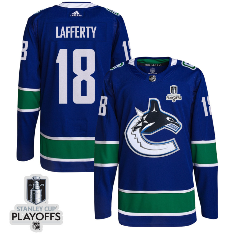 Sam Lafferty 18 Vancouver Canucks 2024 NHL Playoffs Patch Home Jersey - Men, Blue