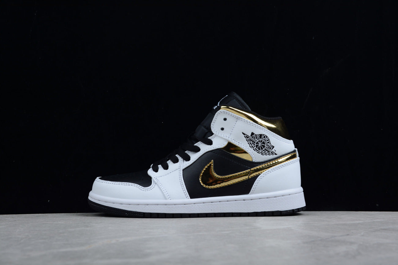 Air Jordan 1 Mid Patent Black White Gold