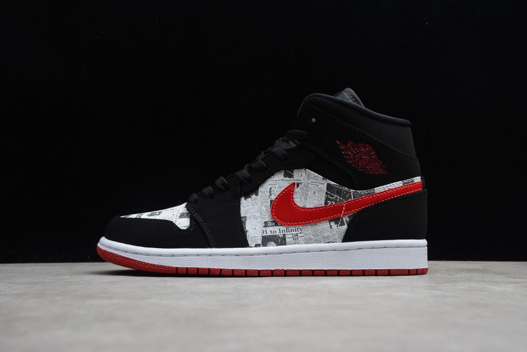 Air Jordan 1 Mid Black Red Newspaper