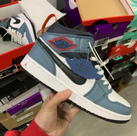 Air Jordan 1 Mid White Black Blue Sneakers