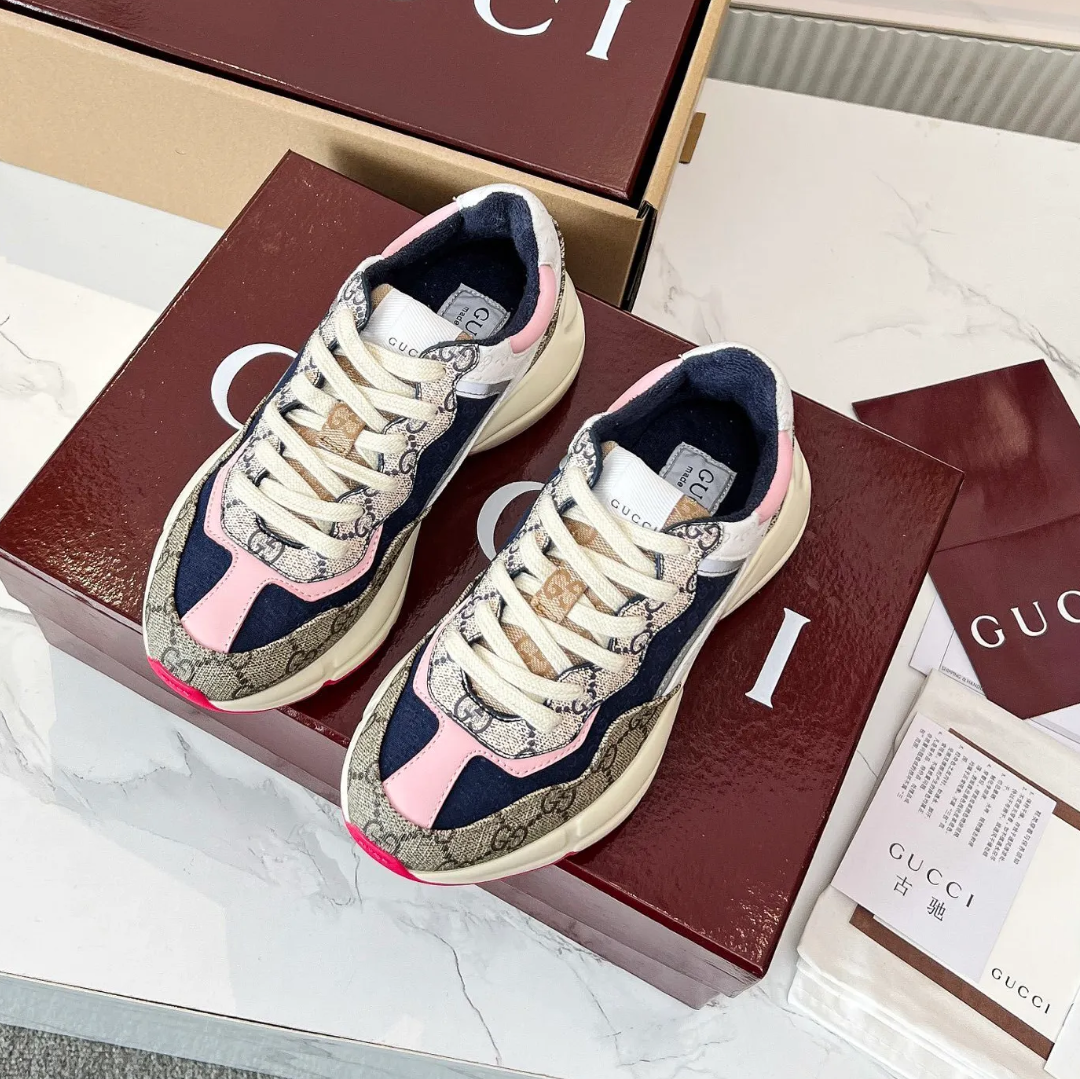 GG Rhyton Canvas Beige White Pink Shoes Sneakers
