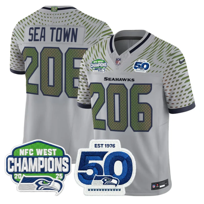 Sea Town Jersey #206 NFC West Division Champions 50th 2025 Patch Stitched Gray