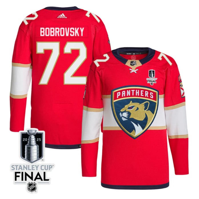 Sergei Bobrovsky 72 Florida Panthers 2025 STANLEY CUP Final Patch Home Men Jersey Red