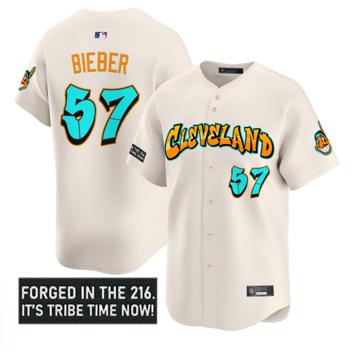 Shane Bieber Jersey #57 Cleveland Indians Graffiti 216 Ink Edition Cream