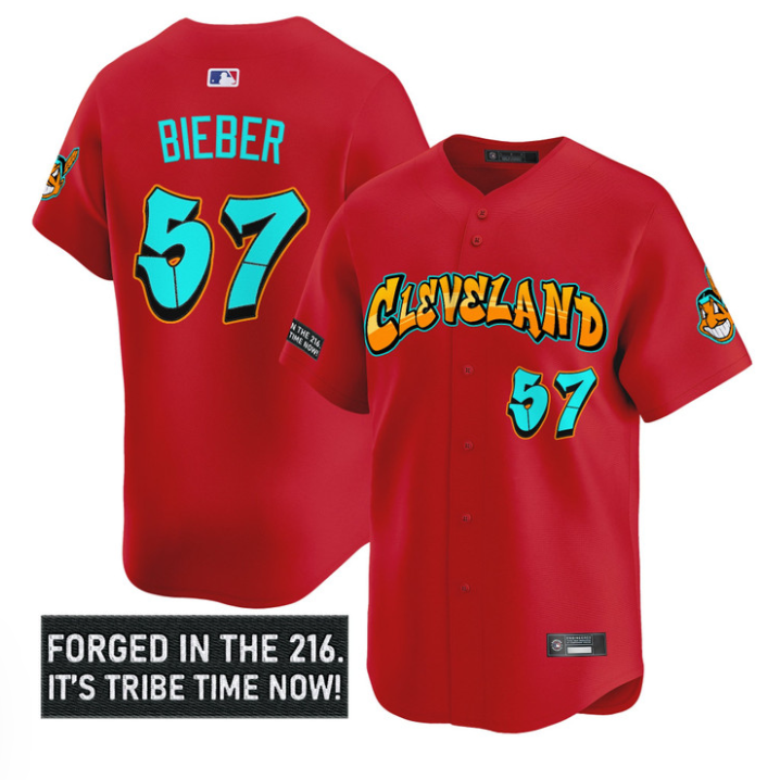 Shane Bieber Jersey #57 Cleveland Indians Graffiti 216 Ink Edition Red