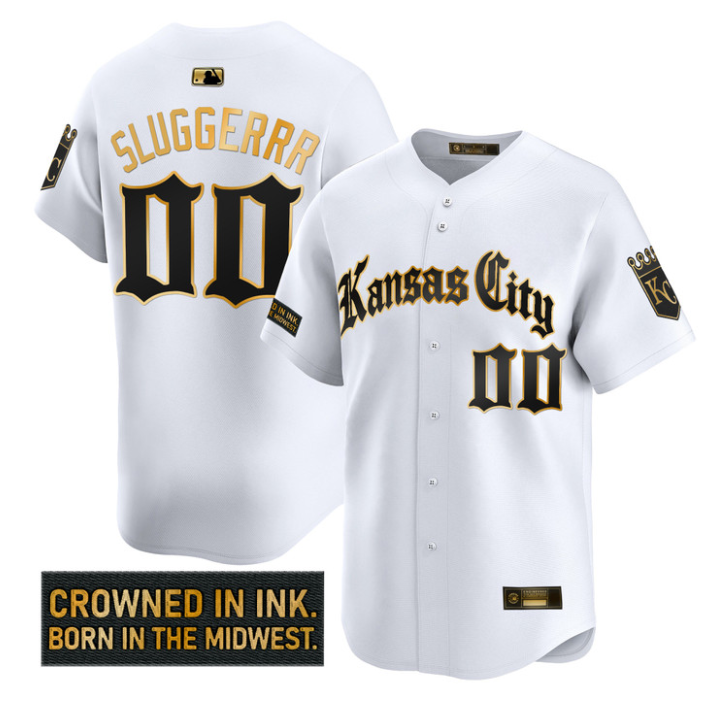 Sluggerrr Jersey #00 Kansas City Royals Gothic Crown Edition Stitched White Gold