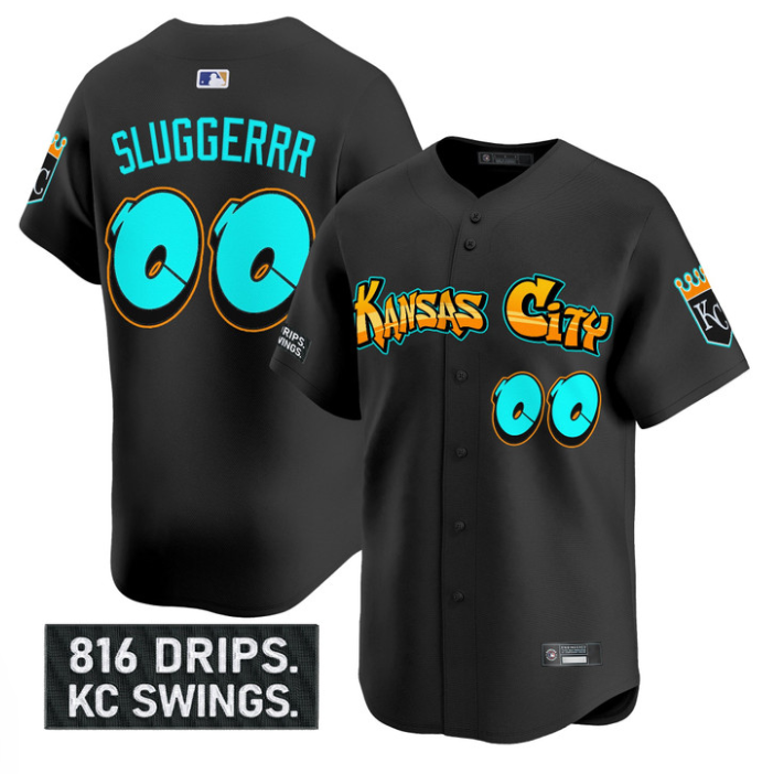 Sluggerrr Jersey #00 Kansas City Royals Graffiti Crown Drop Stitched Black