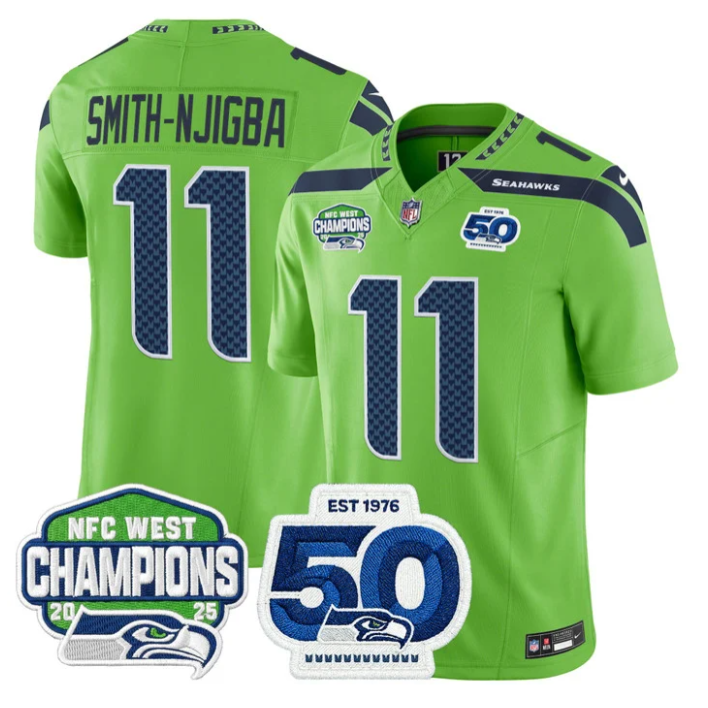 Smith-Njigba Jersey #11 NFC West Division Champions 50th 2025 Patch Green