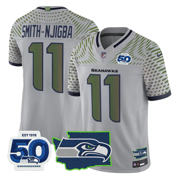Smith-Njigba Jersey #11 Seahawks 50th Anniversary Patch Stitched Gray