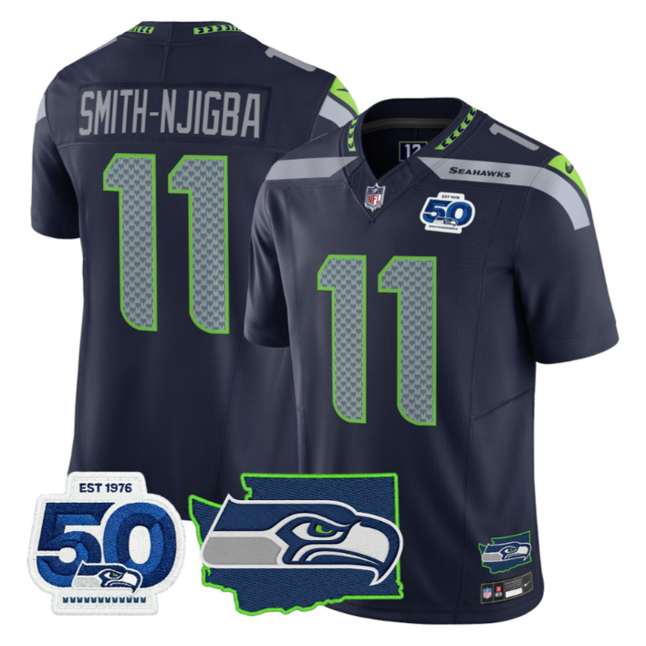 Smith-Njigba Jersey #11 Seahawks 50th Anniversary Patch Stitched Navy