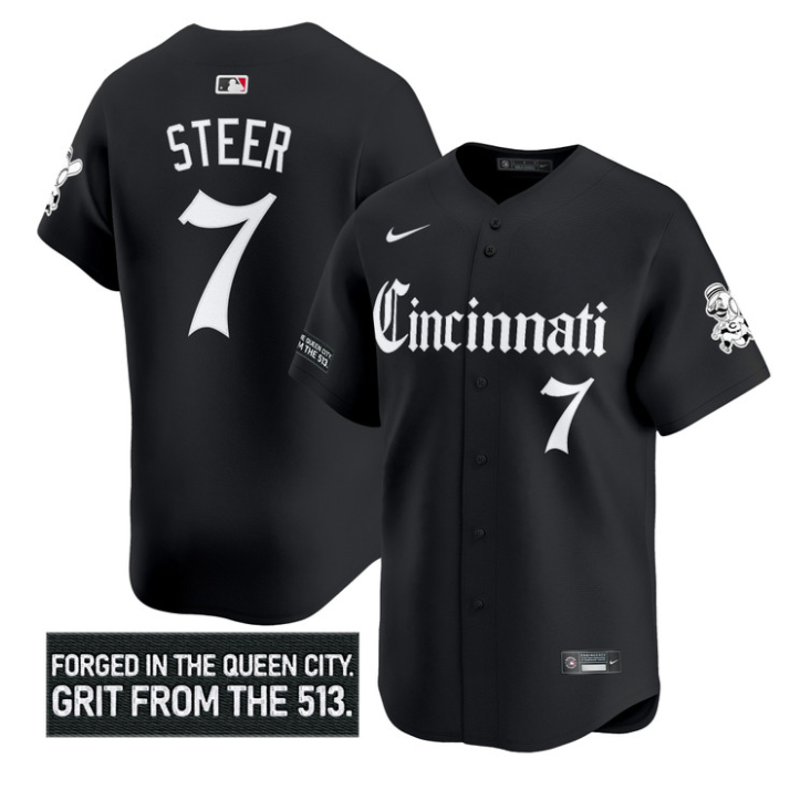 Spencer Steer Jersey #7 Cincinnati Reds Gothic Queen City Edition Stitched Black