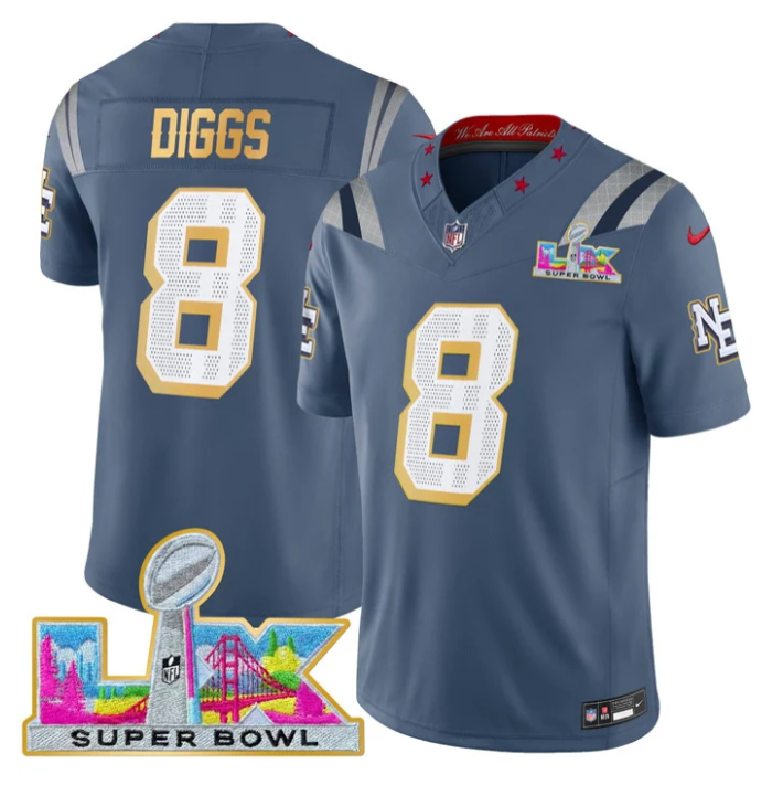 Stefon Diggs Jersey #8 Patriots Super Bowl LX Gold Trim All Stitched