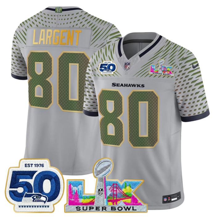 Steve Largent Jersey #80 Super Bowl LX & 50th Patch Gold Trim Stitched