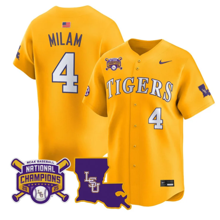 Steven Milam Jersey #4 LSU Tigers 2025 World Series Champions Stitched Gold