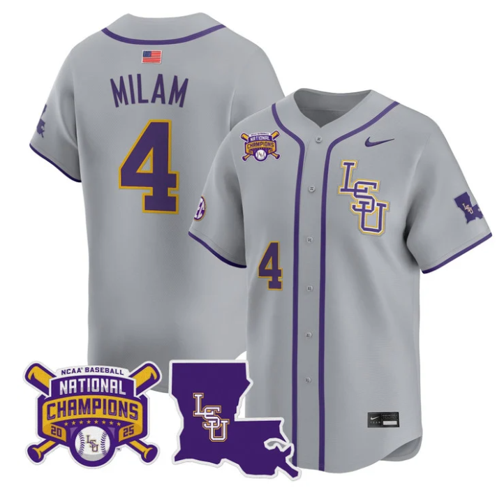Steven Milam Jersey #4 LSU Tigers 2025 World Series Champions Stitched Gray