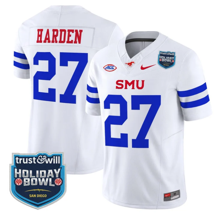 T.J. Harden Jersey #27 SMU Mustangs 2026 Holiday Bowl Patch Stitched White