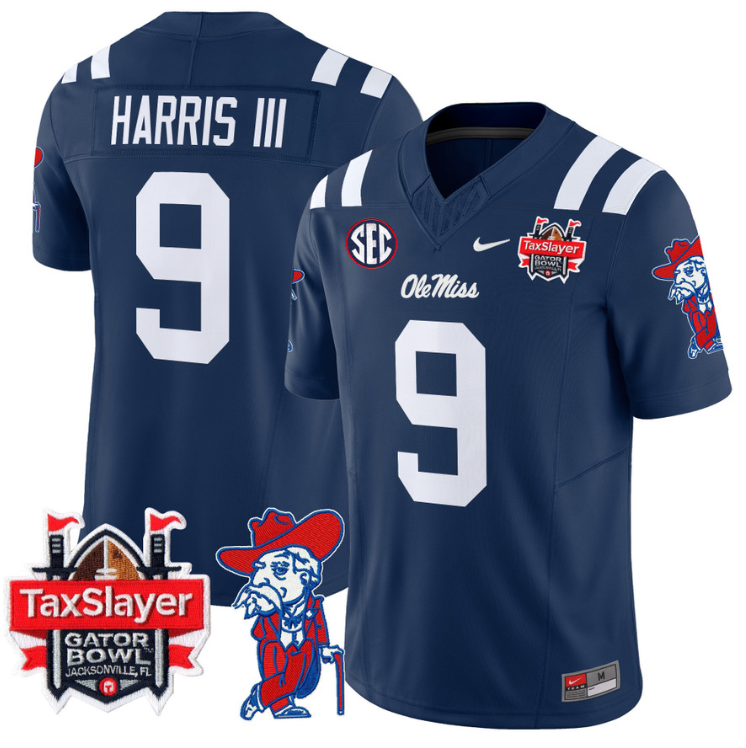 Tre Harris Jersey #9 Ole Miss Rebels 2025 Gator Bowl Patch Navy