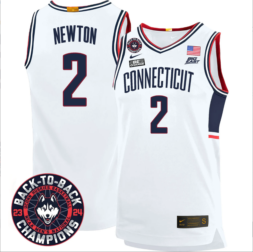 Tristen Newton Jersey #2 UConn Huskies Basketball 2024 Back To Back Champions Patch White
