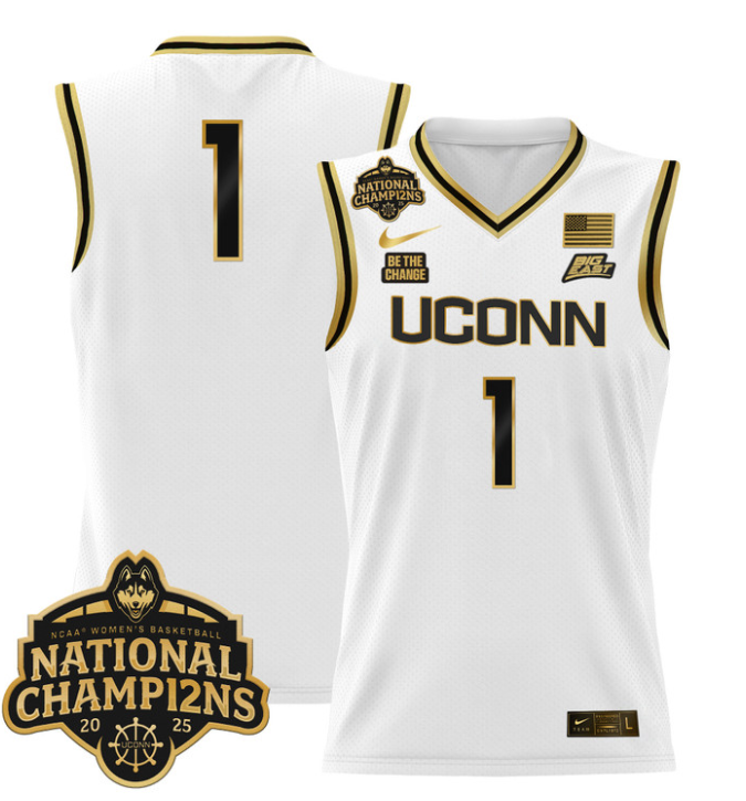 Team Jersey #1 UConn Huskies 2025 National Champions Patch Stitched White Gold
