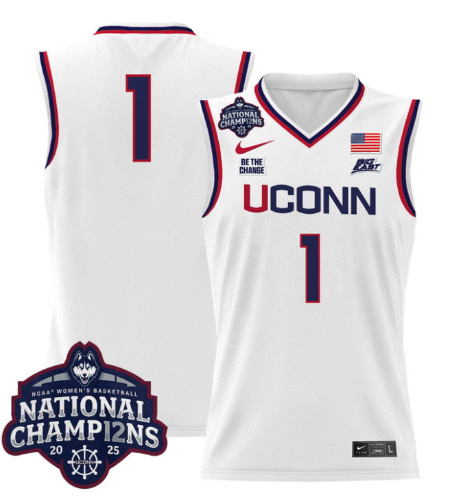 Team Jersey #1 UConn Huskies 2025 National Champions Patch Stitched White