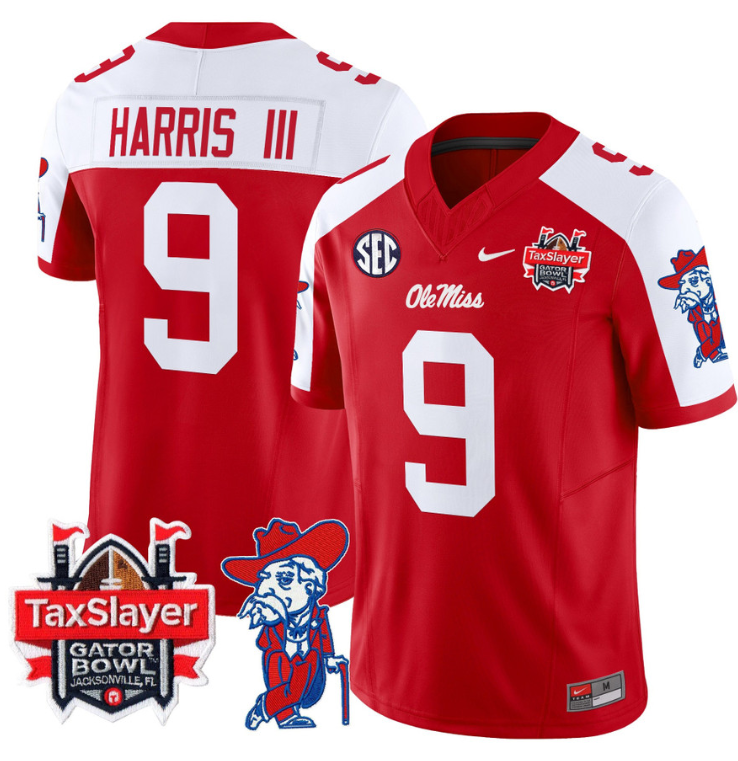 Tre Harris Jersey #9 Ole Miss Rebels 2024 Gator Bowl Patch V2 Red Alternate