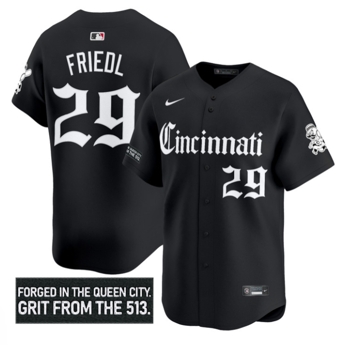 TJ Friedl Jersey #29 Cincinnati Reds Gothic Queen City Edition Stitched Black
