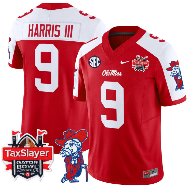 Tre Harris Jersey #9 Ole Miss Rebels 2025 Gator Bowl Patch Red Alternate