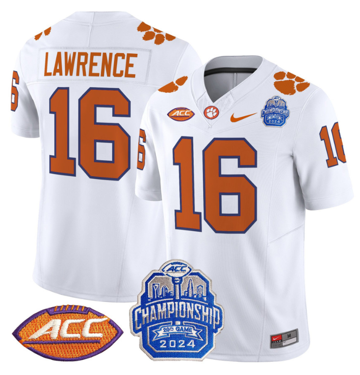 Trevor Lawrence Jersey #16 Clemson Tigers 2024 ACC Championship Patch White