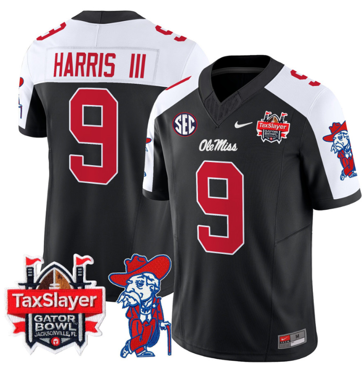Tre Harris Jersey #9 Ole Miss Rebels 2024 Gator Bowl Patch V2 Black Alternate