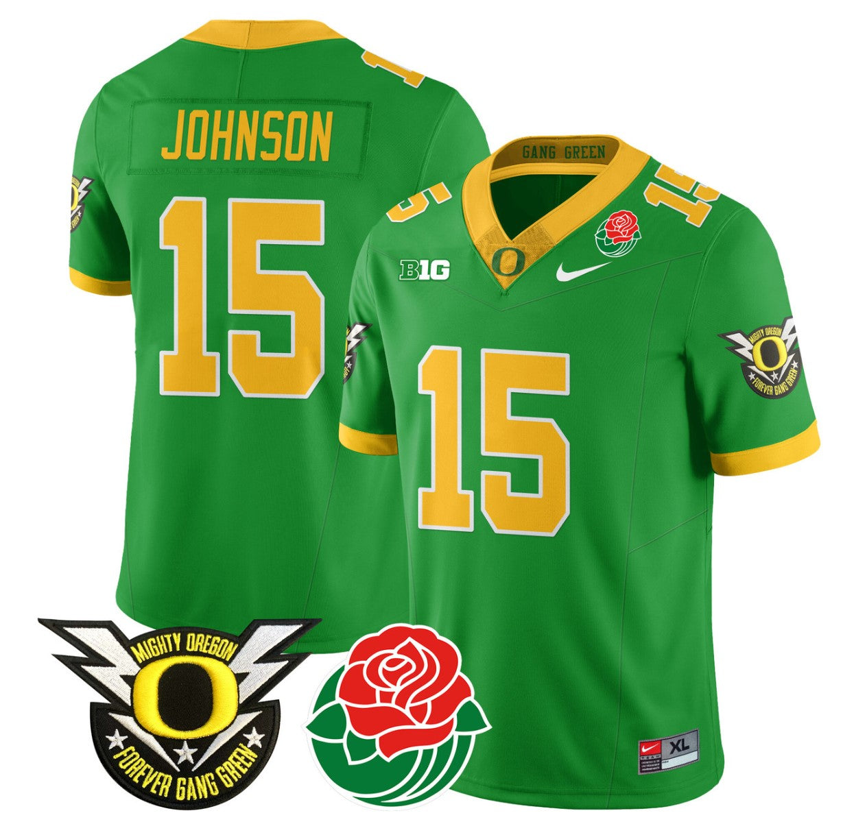 Tez Johnson Jersey #15 Oregon Ducks 2024 Mighty Rose Bowl Patch N2 Green