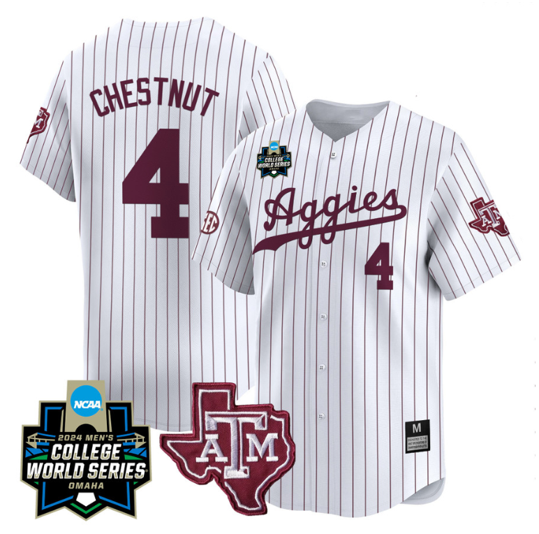 Travis Chestnut Jersey #4 Texas AM Aggies 2024 College World Series Vapor Premier Limited NCAA Baseball Stitched White Pinstripe