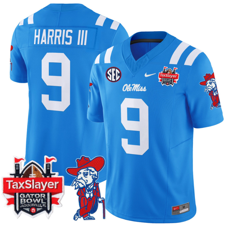 Tre Harris Jersey #9 Ole Miss Rebels 2025 Gator Bowl Patch Powder Blue