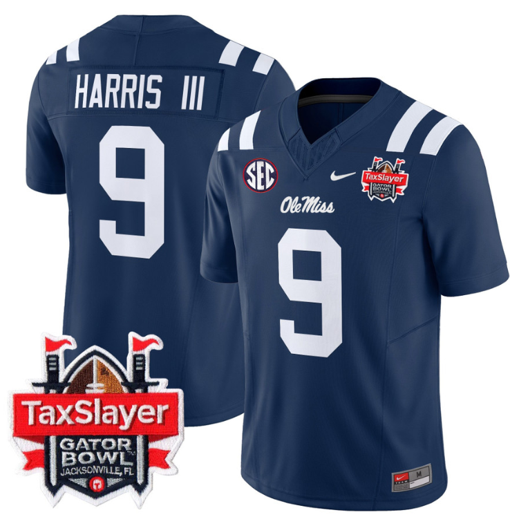 Tre Harris Jersey #9 Ole Miss Rebels 2024 Gator Bowl Patch V2 Navy
