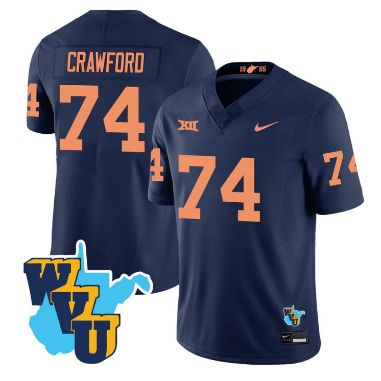 Ty'Kieast Crawford Jersey #74  West Virginia Mountaineers 1965-2025 Throwback Navy