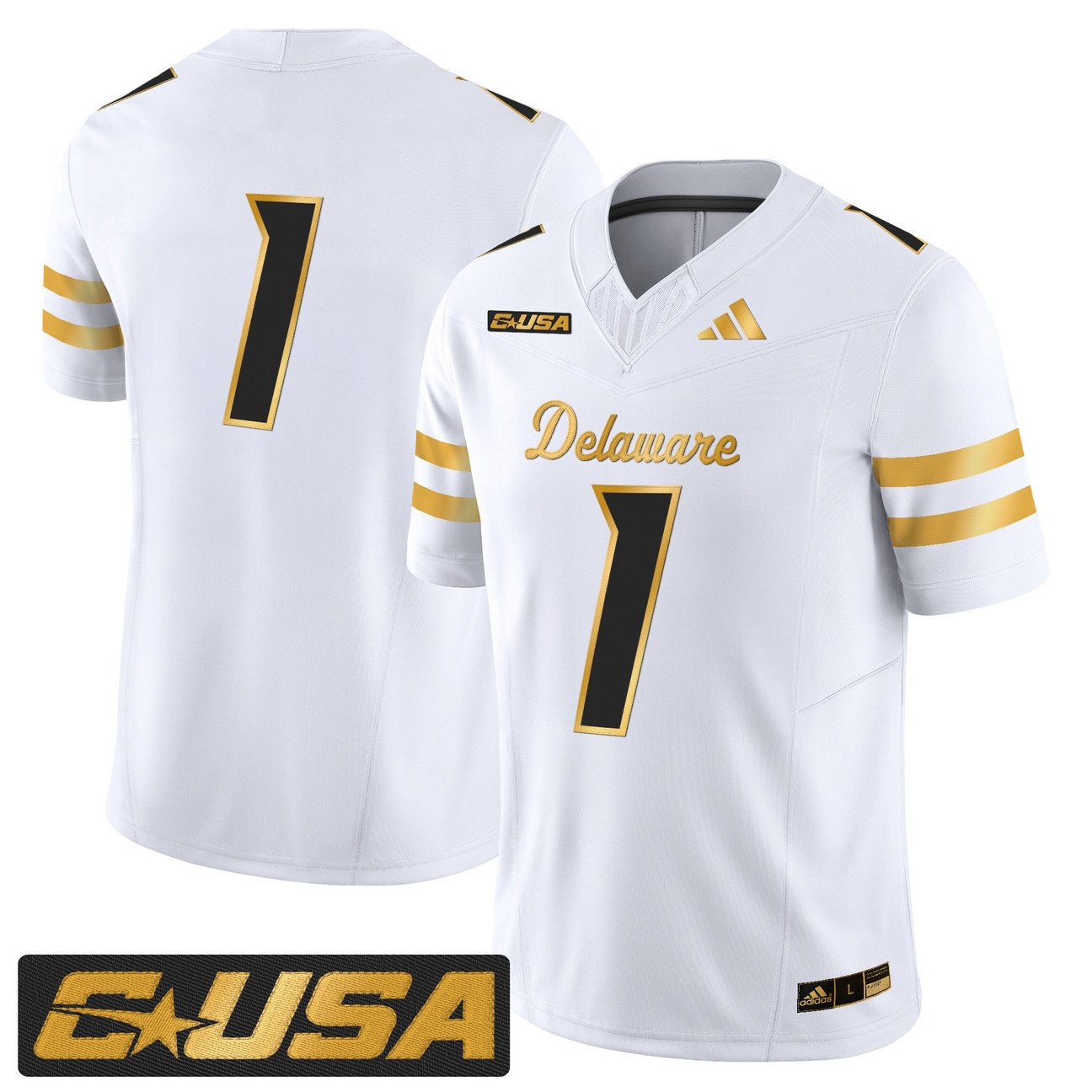 Team Jersey #1 Delaware Blue Hens 2025 Gold Vapor Limited Stitched