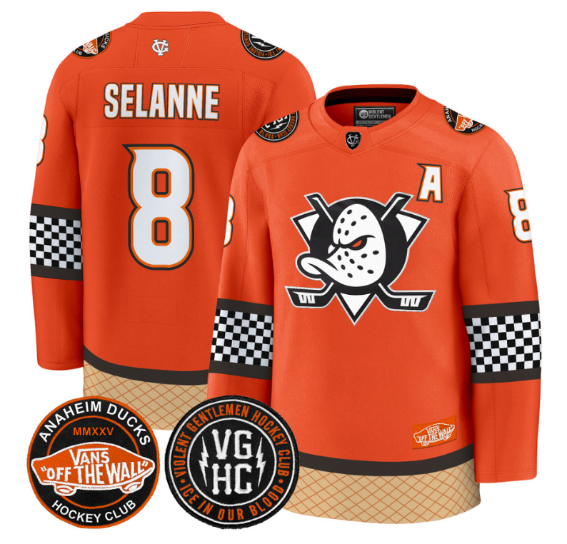Teemu Selänne Jersey #8 Anaheim Ducks Checkerboard 2025 Premium Stitched Orange