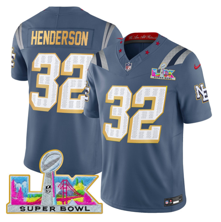 TreVeyon Henderson Jersey #32 Patriots Super Bowl LX Gold Trim Stitched