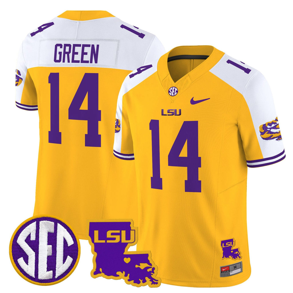 Trey'Dez Green Jersey #14 LSU Tigers 2025 Louisiana Patch Stitched Gold Alter