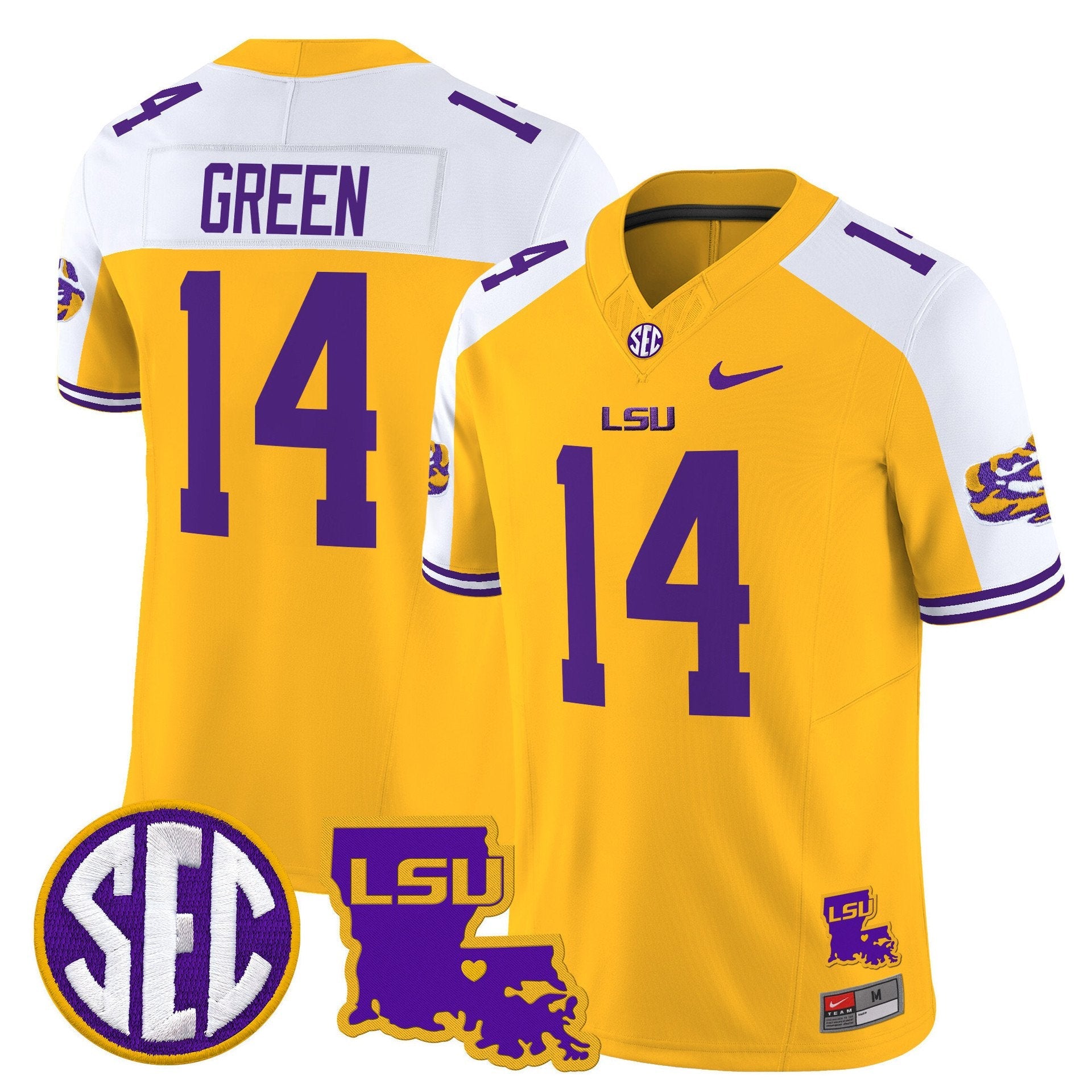 Trey'Dez Green Jersey #14 LSU Tigers 2025 Louisiana Patch Stitched Gold Alter