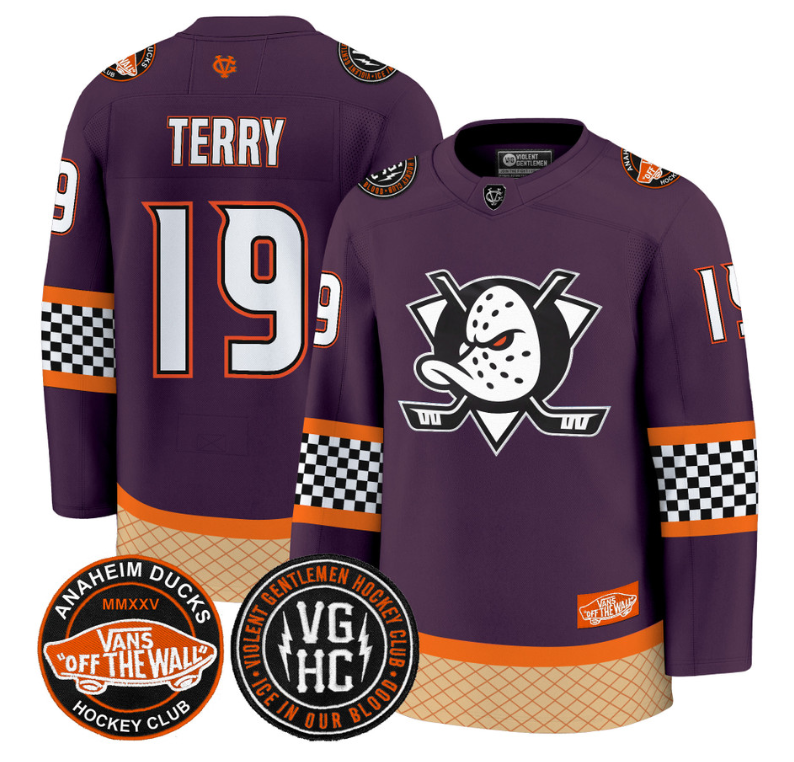 Troy Terry Jersey #19 Anaheim Ducks Checkerboard 2025 Premium Stitched Purple