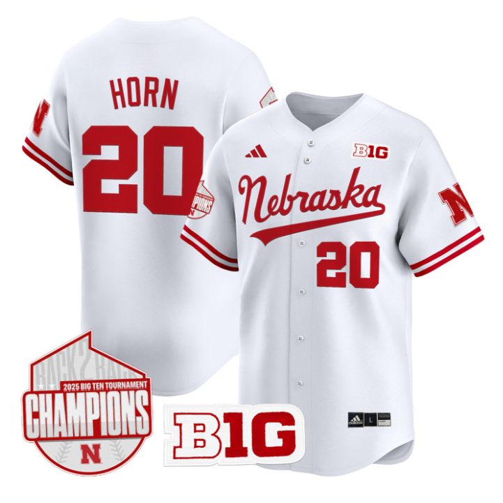 Ty Horn Jersey #20 Nebraska Huskers Back 2 Back Champions Patch Vapor Limited Stitched White